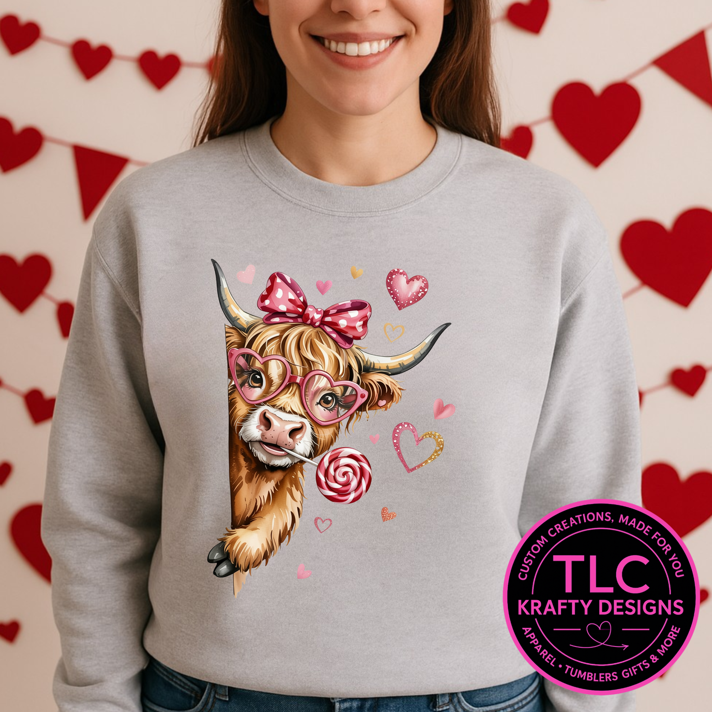 Peekaboo Valentine Highland Cow Shirt or Sweatshirt – Pink Bow Cow with Hearts & Lollipop