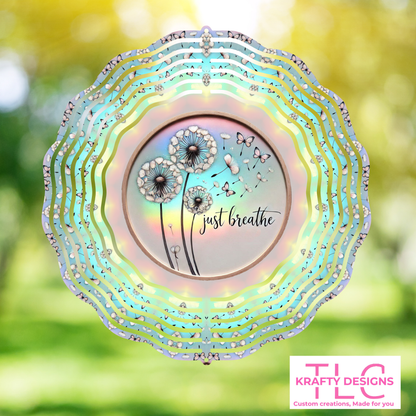 Just Breathe Dandelion Wind Spinner – 10” Double-Sided Aluminum Inspirational Decor