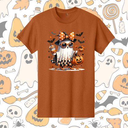 Trendy Halloween Ghost Girl T-Shirt – Bats, Pumpkin Drink & Bow LAST CHANCE CK