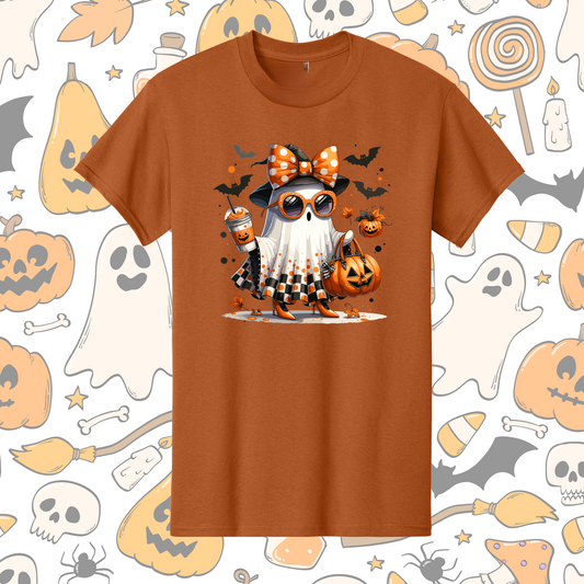 Trendy Halloween Ghost Girl T-Shirt – Orange Tee with Bats, Pumpkin Drink & Bow