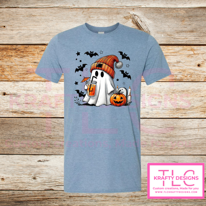 Cozy Ghost Halloween Tee – Fall Drink & Pumpkin Shirt in Fun Colors