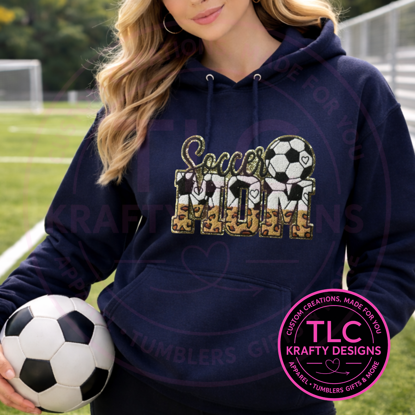 Soccer Mom Hoodie Sweatshirt – Leopard Chenille Soccer MOM Patch Crewneck