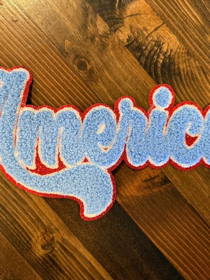 America Chenille XL Patch Iron On | Patriotic Letter Patch | Red White Blue Varsity Patch for Jackets Hats Bags