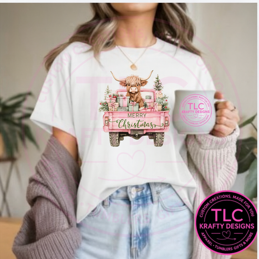 Highland Cow Pink Truck T-Shirt - Farmhouse Christmas Long or Short Sleeve Tee CK
