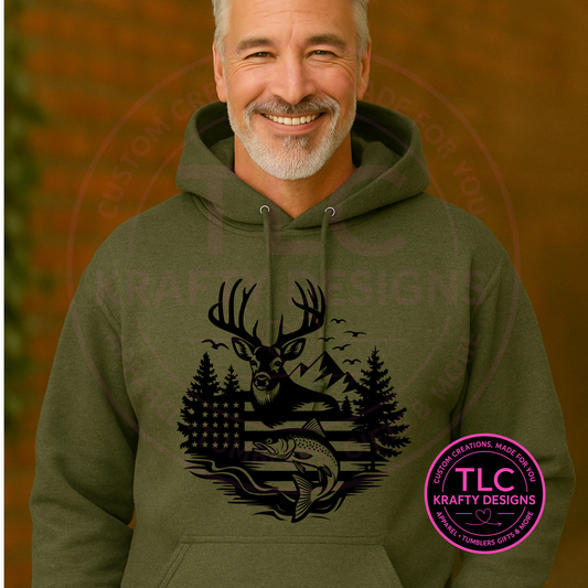 Hunting and Fishing American Flag Sweatshirt– Deer, Trout & Forest Silhouette | Outdoor Patriotic Men’s