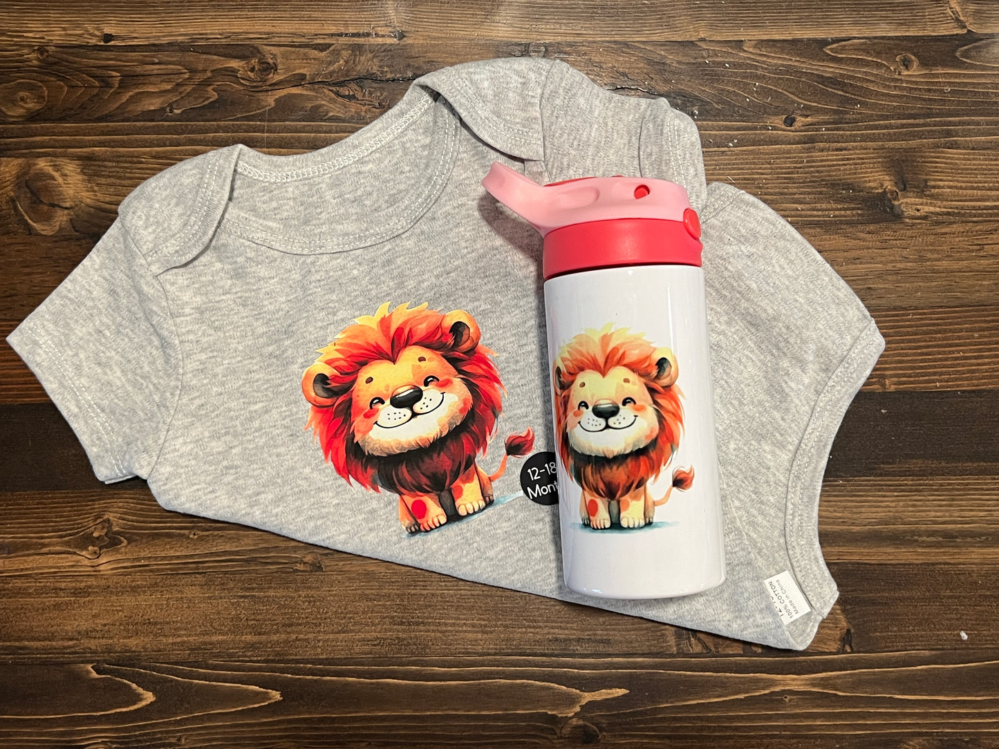 Adorable Lion 12-18 Month Onesie and Flip Top Tumbler Set