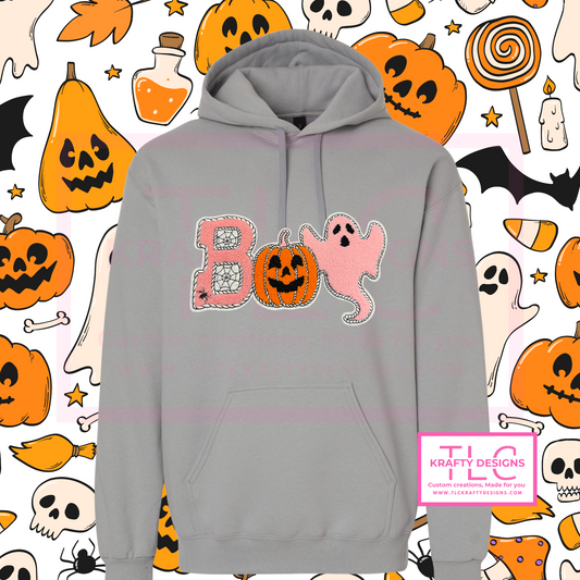 BOO Halloween Sweatshirt – Pink Ghost & Pumpkin Chenille Patch (Crewneck or Hoodie)