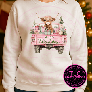 Highland Cow Pink Truck Youth - Farmhouse Christmas Graphic Apparel