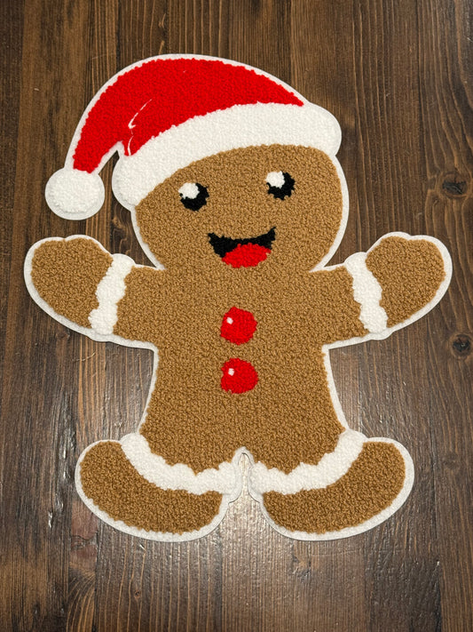 🎄 Gingerbread Man Patch – Holiday Chenille Extra Large Iron-On with Santa Hat (Approx. 10”)