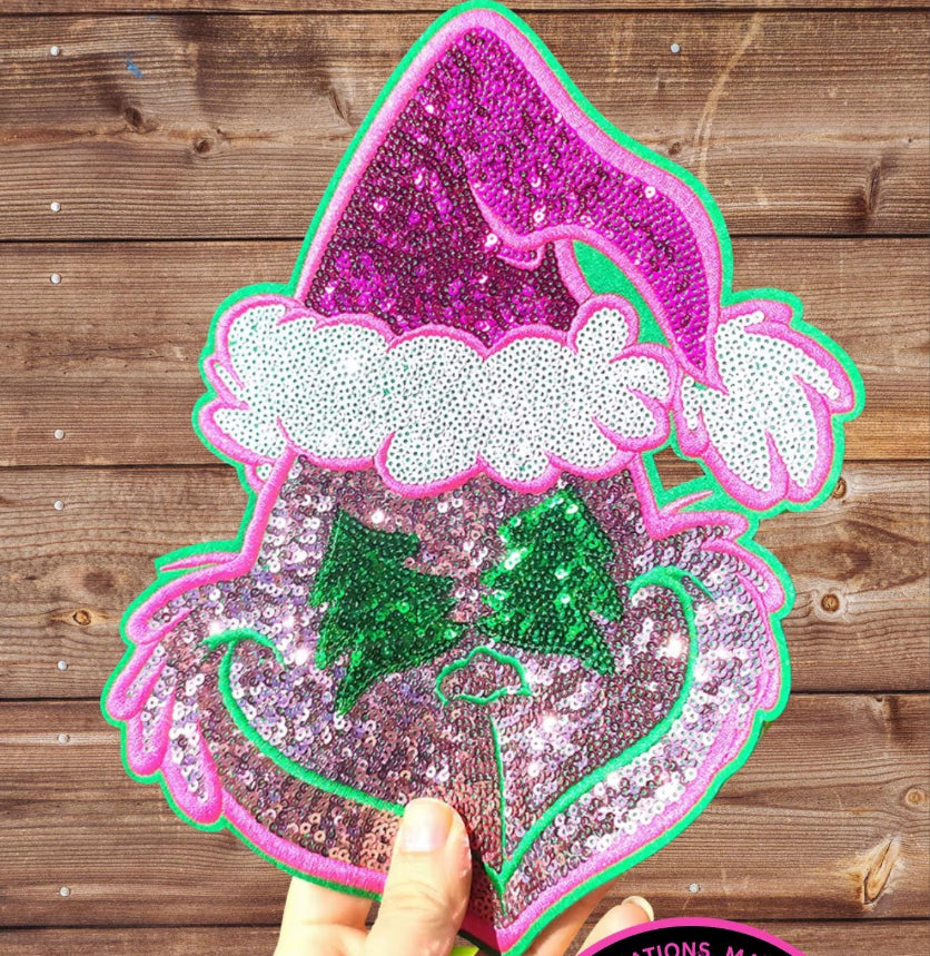 XL Sparkle Monster Chenille Patch – Sequin Christmas Appliqué Iron-On / Sew-On