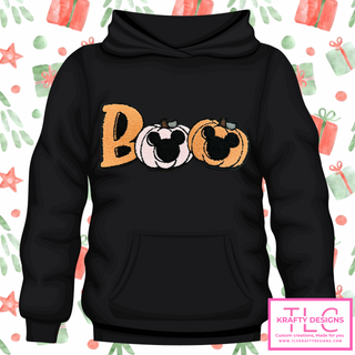 BOO Halloween Sweatshirt – Chenille Patch Hoodie or Crewneck with Pumpkins and Mouse Ears
