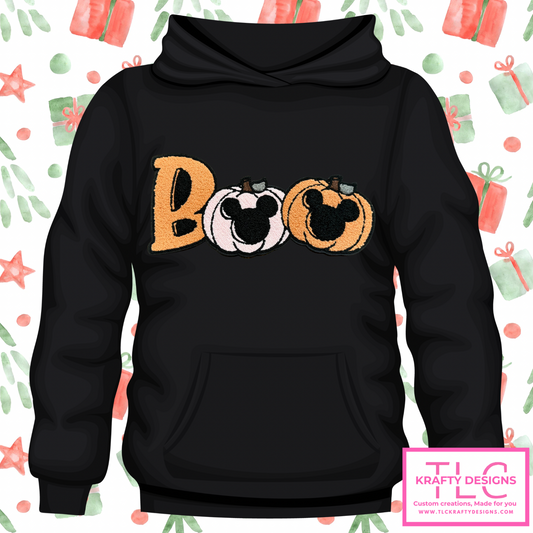 BOO Halloween Sweatshirt – Chenille Patch Hoodie or Crewneck with Pumpkins and Mouse Ears