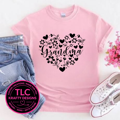 Grandma Heart Floral Black Design - Grandma Love Apparel