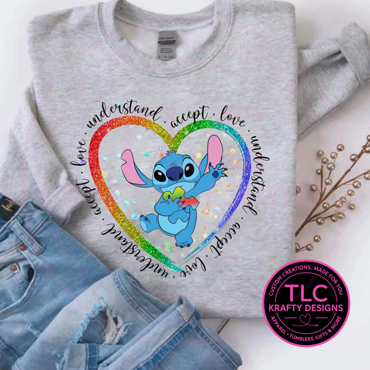 Autism Awareness Heart Character Apparel - Love Accept Understand Design