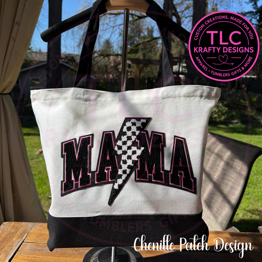 Pink MAMA Lightning Bolt Chenille Patch Canvas Tote Bag