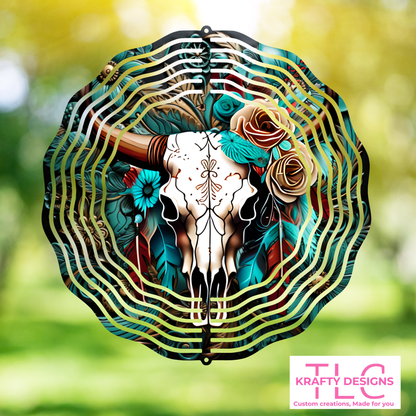Boho Western Bull Skull Wind Spinner – 10” Double-Sided Aluminum Floral Decor