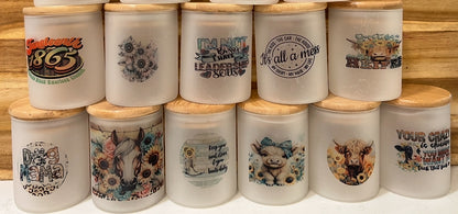 Personalized 10oz Frosted Glass Candle or Trinket Holder with Bamboo Lid