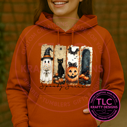 Spooky Season Halloween Hoodie – Ghost, Black Cat, Pumpkin & Grave Fall Sweatshirt