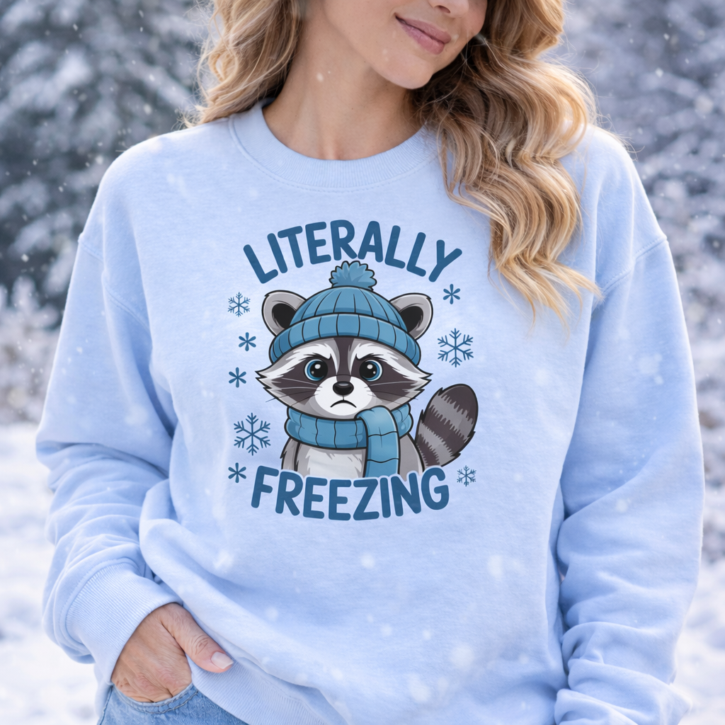 Literally Freezing Raccoon T-Shirt or Sweatshirt – Funny Winter Graphic Apparel