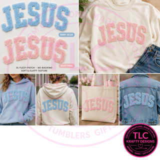 JESUS blue Fuzzy Patch – Soft Chenille Heat Press or Iron-On Patch | Faith Patch | Christian Appliqué for Sweatshirts Jackets