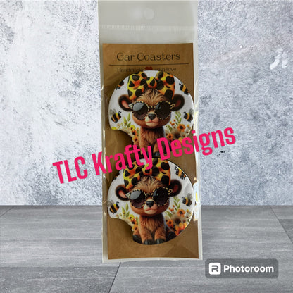 Highland cow wearing Sunglasses and Yellow bow neoprene 2.75" Car Coasters