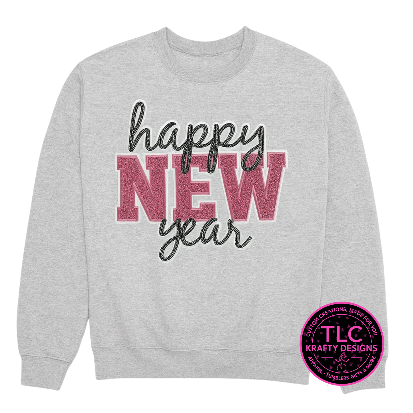 Happy New Year Sequin Patch Sweatshirt – Cozy Holiday Sequin and Chenille Patch Crew Neck or Hoodie