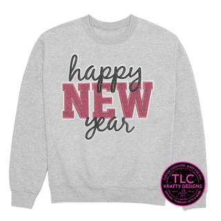 Happy New Year Sequin Patch Sweatshirt – Cozy Holiday Sequin and Chenille Patch Crew Neck or Hoodie