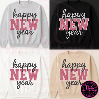 Happy New Year Sequin Patch Sweatshirt – Cozy Holiday Sequin and Chenille Patch Crew Neck or Hoodie