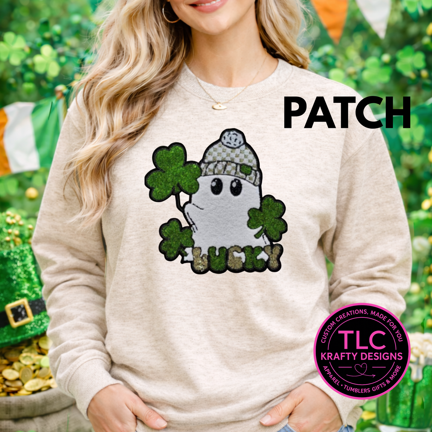 Lucky Ghost Chenille Patch | St Patrick’s Day Patch | Green Shamrocks Lucky Iron-On Patch | Jacket Hoodie Tote Patch