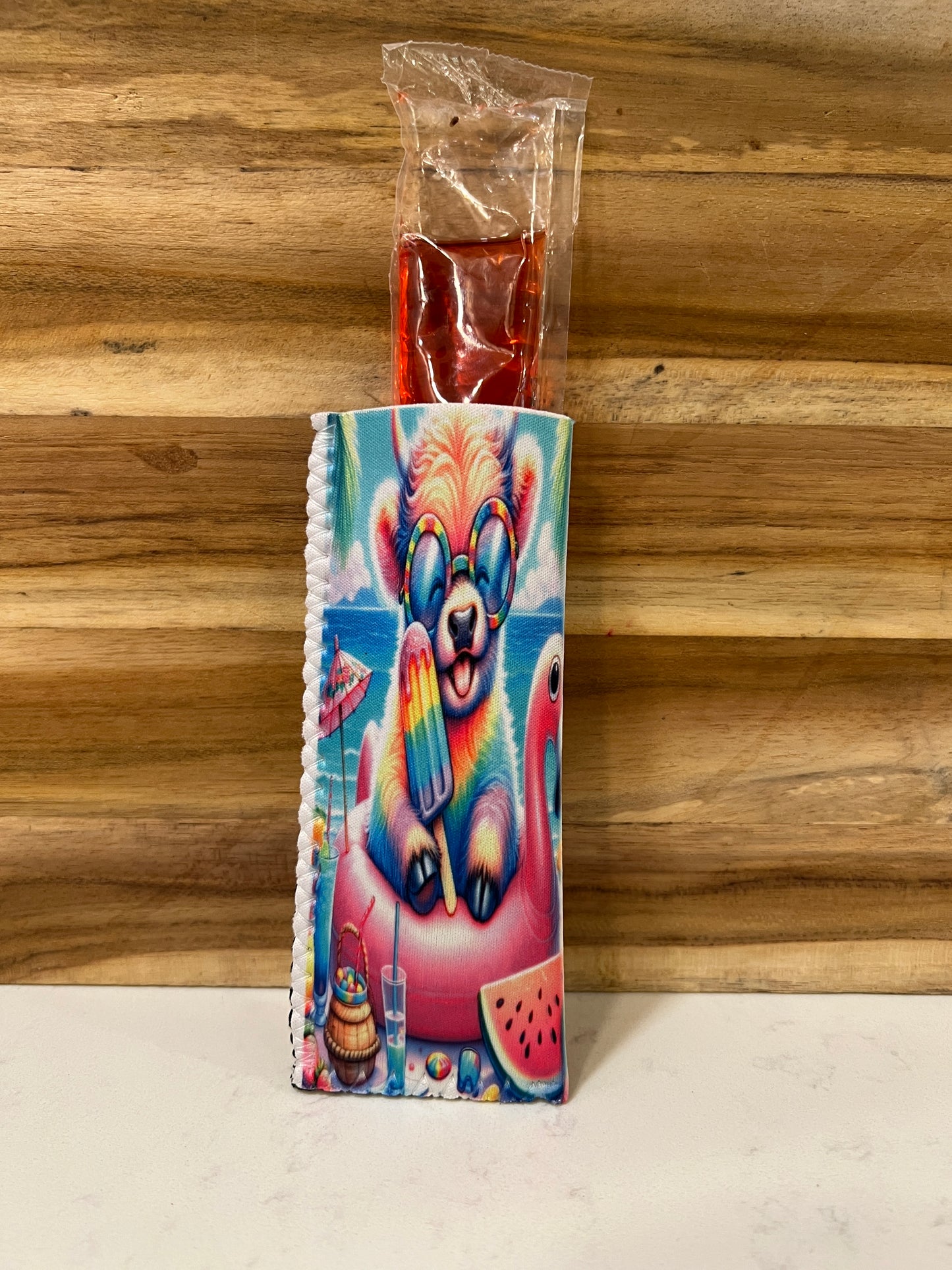 Highland Cow with a popsicle sitting on a flamingo floatie Neoprene popsicle holders