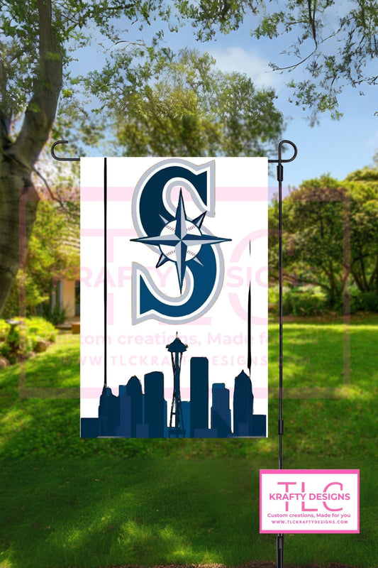 Seattle Baseball Garden Flag – White with Skyline Design