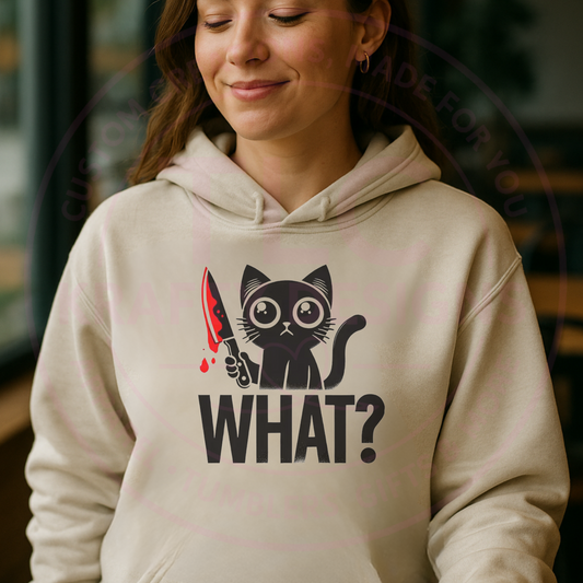 Funny Killer Cat Hoodie or Sweatshirt – “What?” Knife Cat Graphic | Dark Humor Cat Lover Gift | Creepy Cute Halloween Apparel