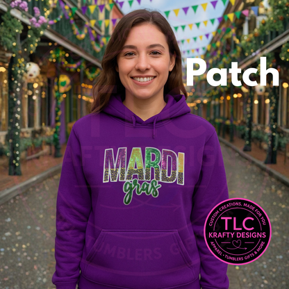 Mardi Gras Patch shirt or sweatshirt– Purple, Green & Gold Chenille Text Patch