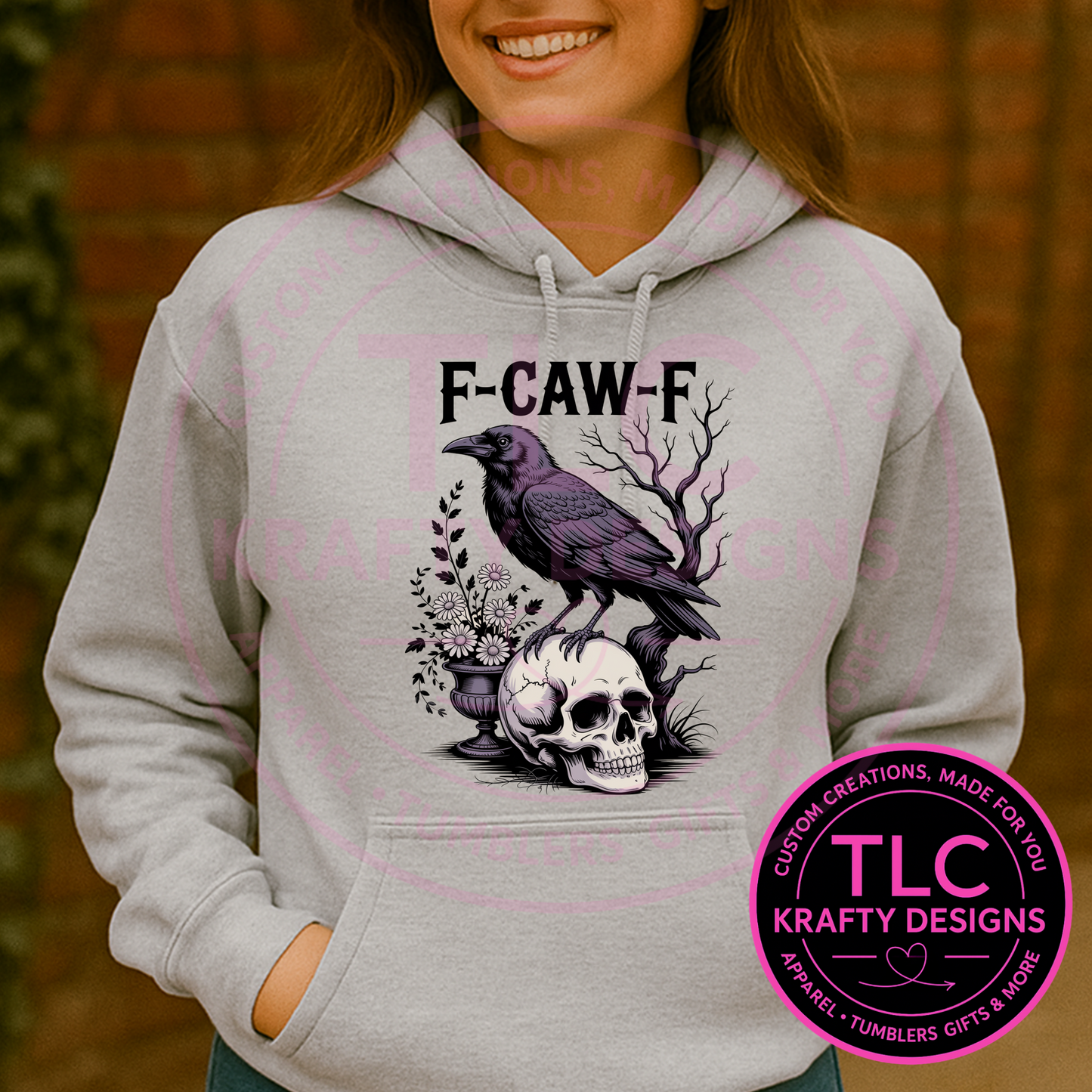 F-CAW-F Crow Skull Hoodie – Gothic Raven Sweatshirt with Dark Floral Design