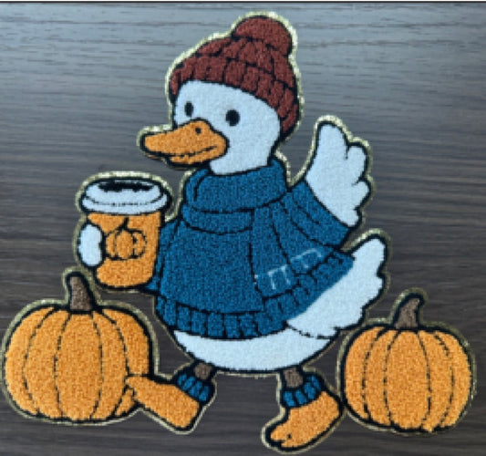 Fall Duck Patch, Pumpkin Coffee Duck Iron On Patch, Cute Autumn Patch