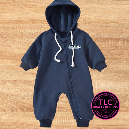 Seattle Football Infant Hooded Zip Romper | Cozy Game Day Baby Outfit