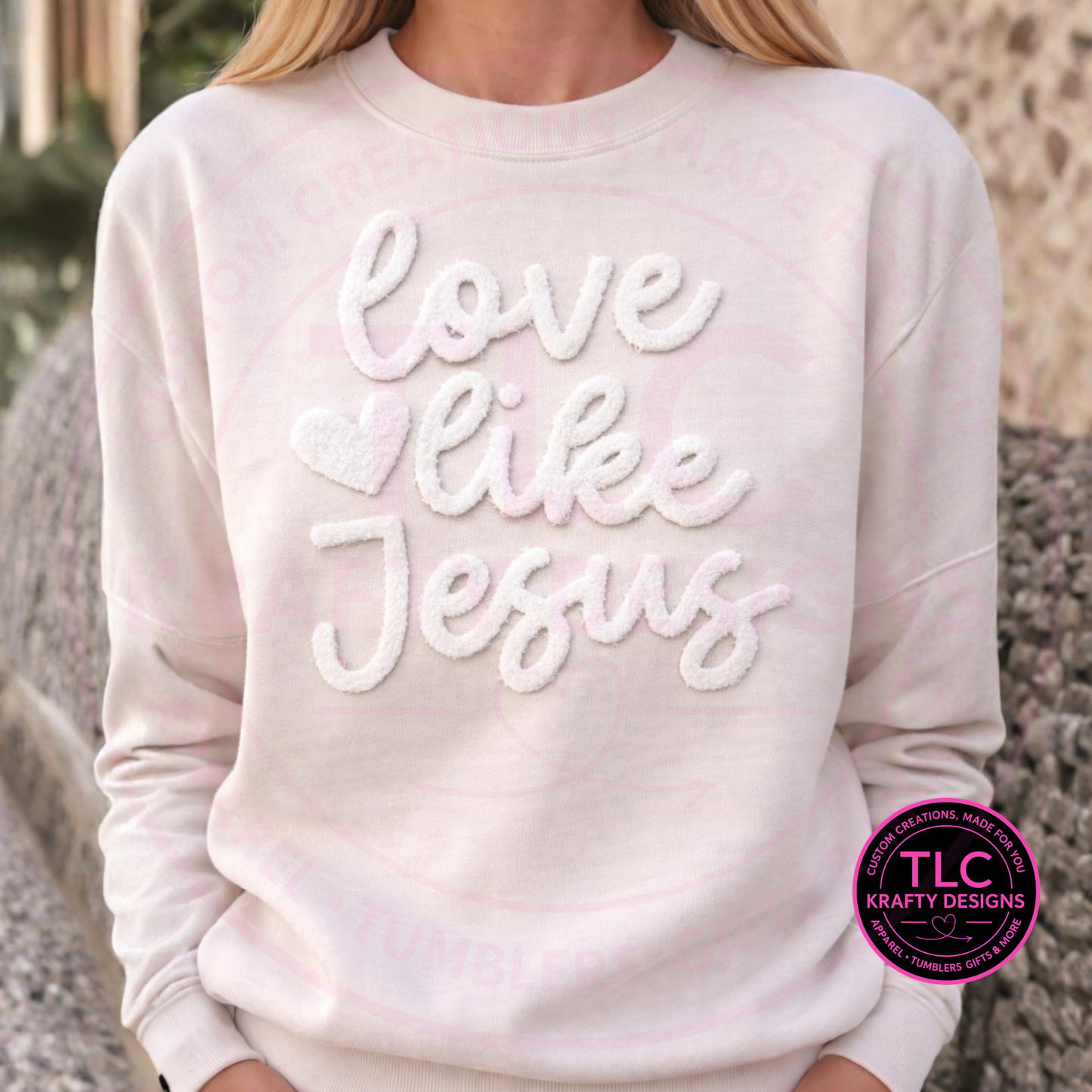 Love Like Jesus Fuzzy white Chenille Patch Sweatshirt | Christian Valentine Crewneck | Faith Based Apparel |