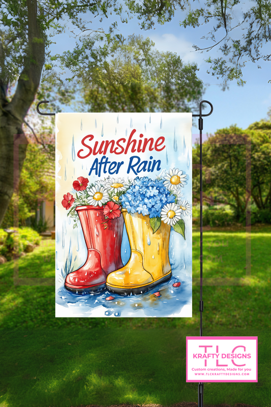 Sunshine After Rain Garden Flag – Rain Boots with Flowers Watercolor Outdoor Banner