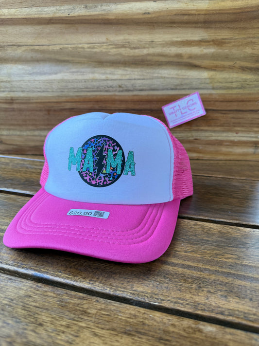 Hot Pink MAMA Trucker Hat – Leopard Print & Lightning Bolt Design
