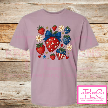 Patriotic Strawberry Tee – Red, White & Blue Summer Style