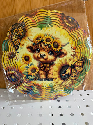 Sunflower Highland Cow Wind Spinner – 10” Outdoor Metal Garden Decoration
