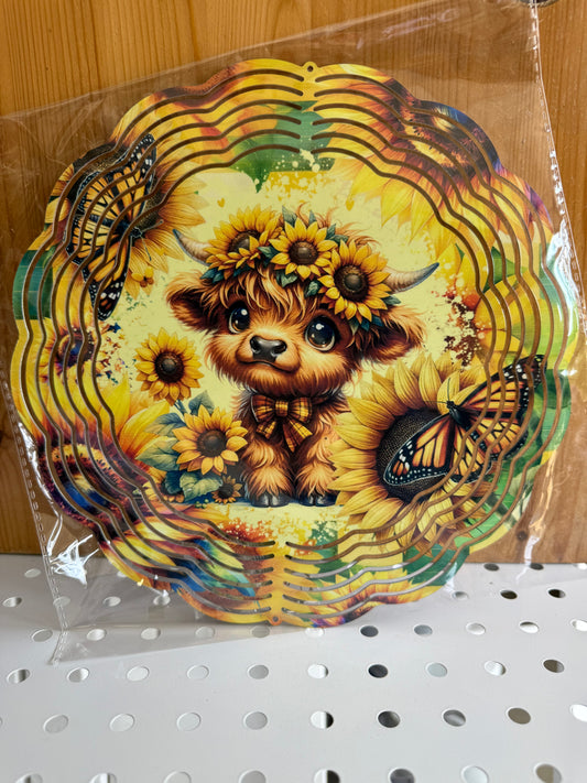 Sunflower Highland Cow Wind Spinner – 10” Outdoor Metal Garden Decoration