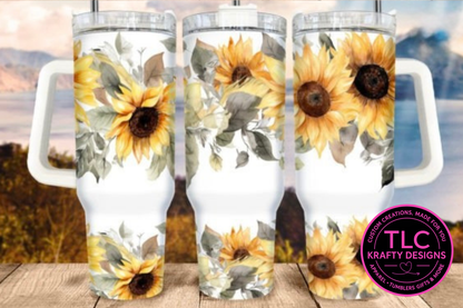 40oz Sunflower Tumblers with Handle & Straw – Floral Drinkware Collection