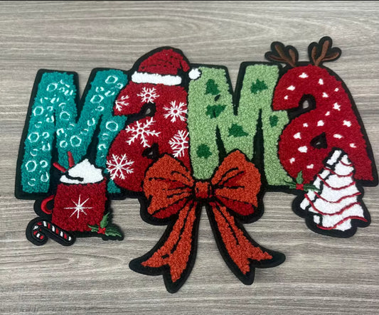 Christmas MAMA Patch – 10” Extra Large Iron-On Holiday Patch with Bow, Cocoa, Santa Hat & Antlers
