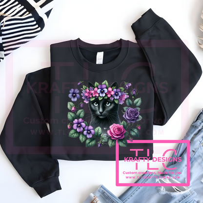 Floral Black Cat Sweatshirt – Hoodie or Crew for Cat Lovers