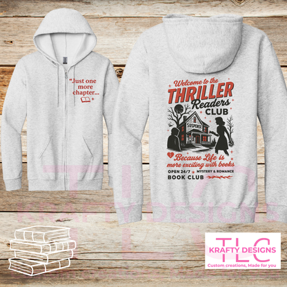Thriller Readers Club Front and Back Graphic Apparel - Book Lovers Design