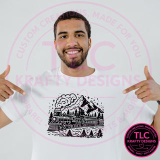 Mountain steam train design — black line-art locomotive with pine forest and mountain on a white tee