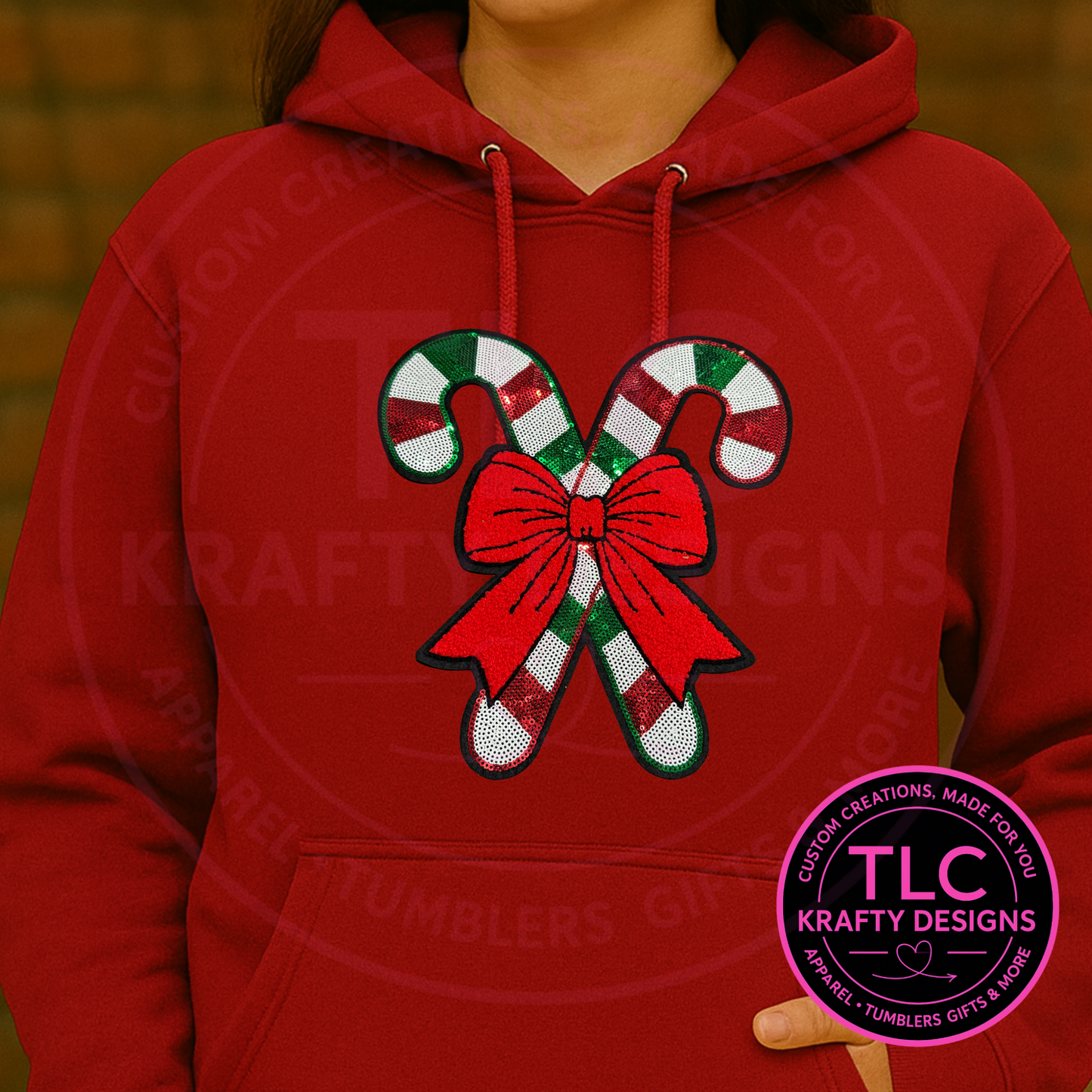 Candy Cane Patch with Red Bow – Holiday Sequin Extra Large Iron-On Accent (Approx. 10”)