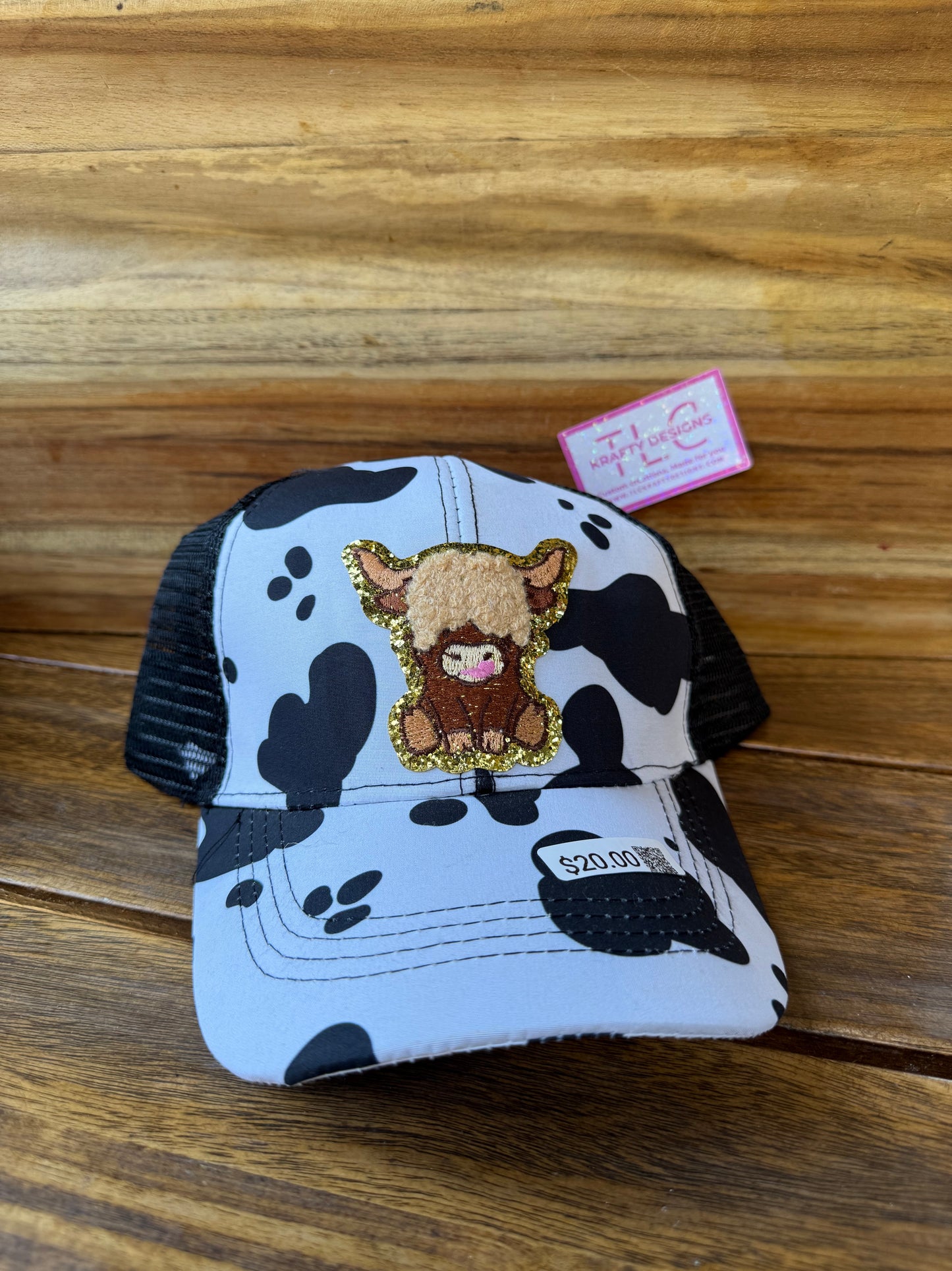 Cow Print Trucker Hat – Fuzzy Highland Cow Patch with Gold Glitter Outline