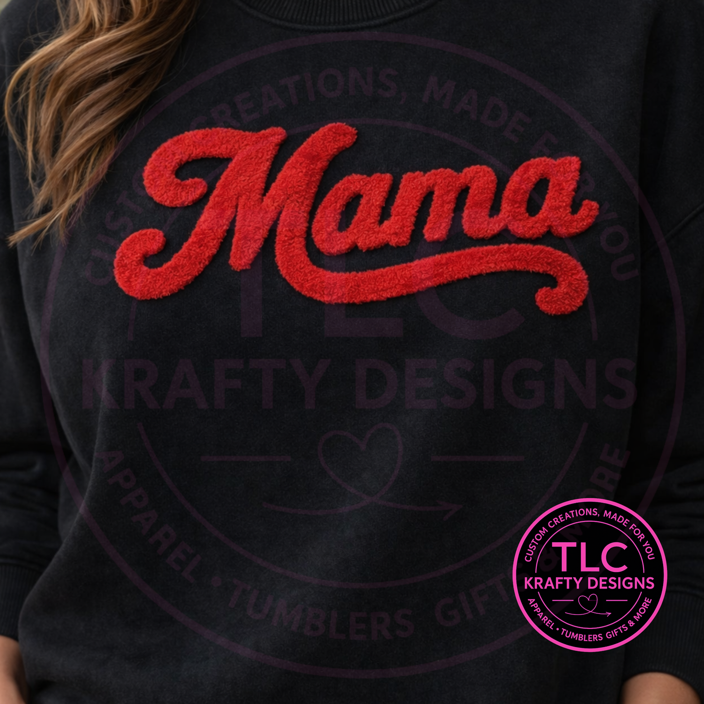 XL MAMA Red Fuzzy Chenille Patch Apparel – Mom Life T-Shirt or Sweatshirt